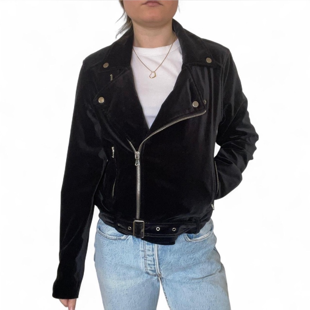 Paige Denim Cotton Blend Black Velvet Belted Moto Bomber Jacket ✨